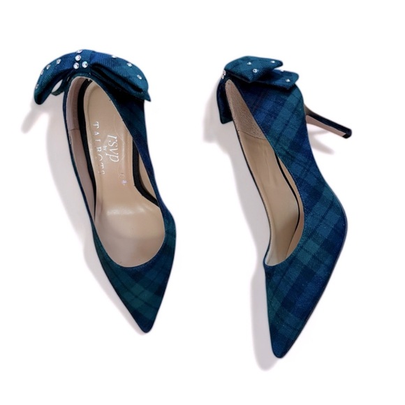 Talbots Plaid Bow Heels with Rhinestones - Picture 1 of 6